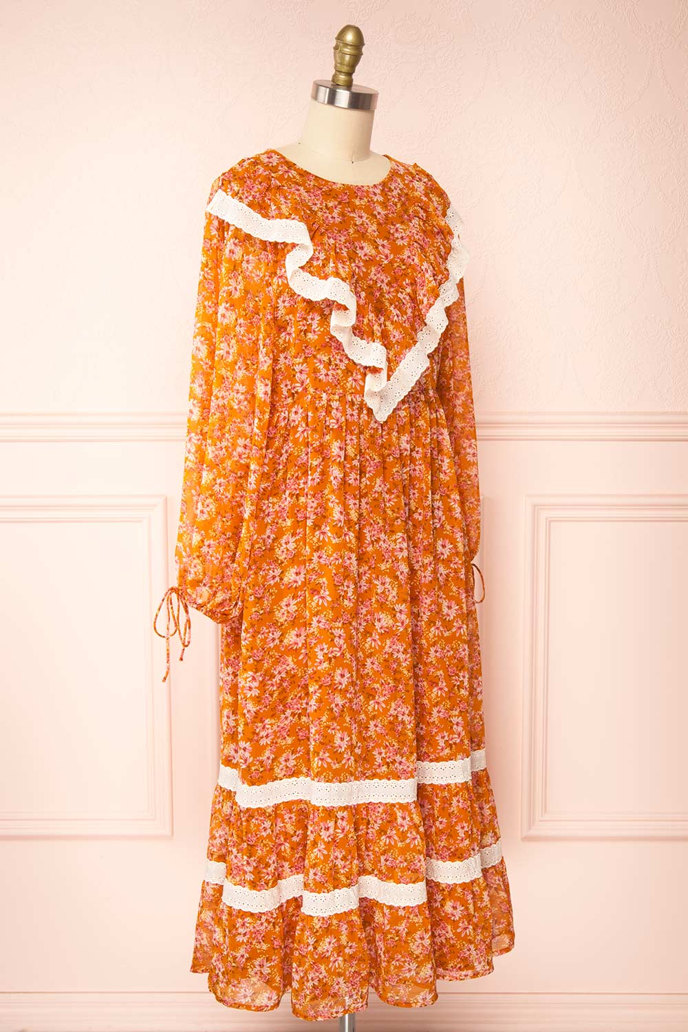 Normandine Floral Midi Dress w/ Long Sleeves and Lace | Boutique 1861 side view