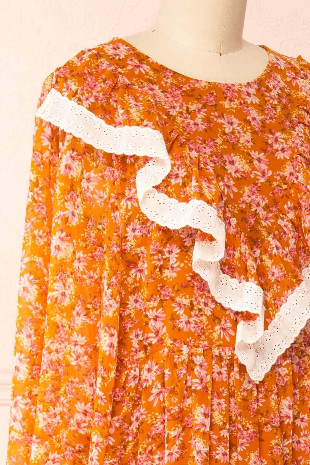 Normandine Floral Midi Dress w/ Long Sleeves and Lace | Boutique 1861 side close-up