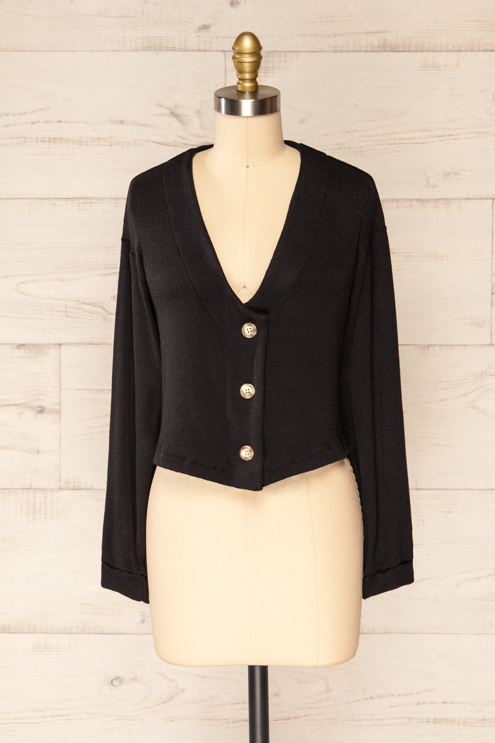 Nova Black Ribbed Button-Up V-Neck Cardigan | La petite garçonne front view