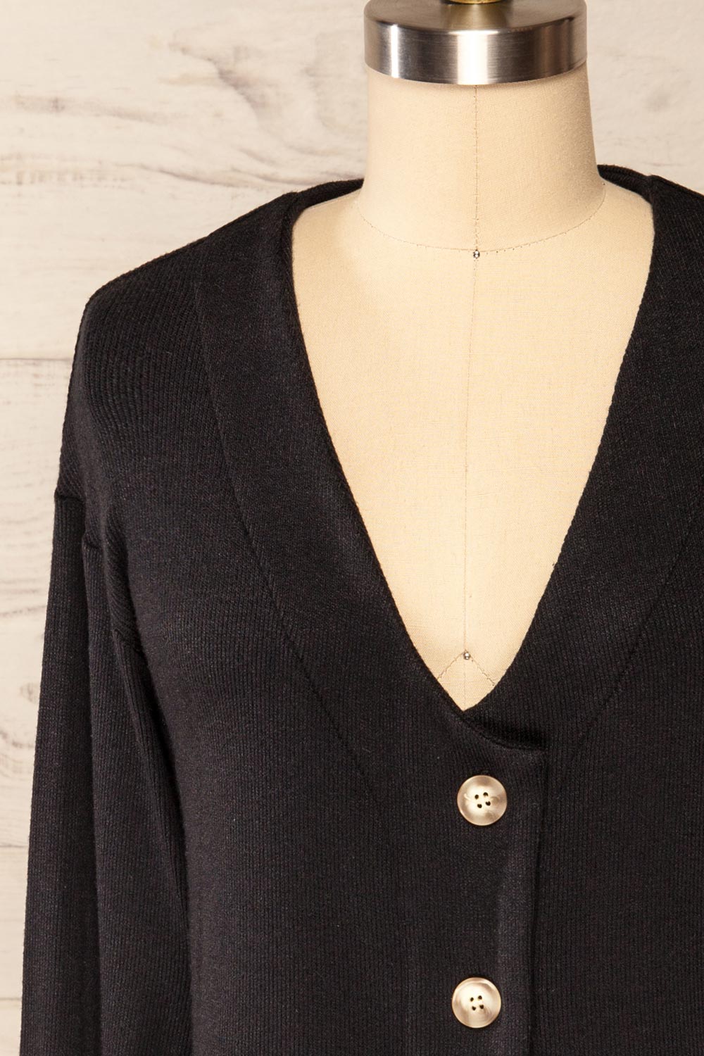 Nova Black Ribbed Button-Up V-Neck Cardigan | La petite garçonne front close up
