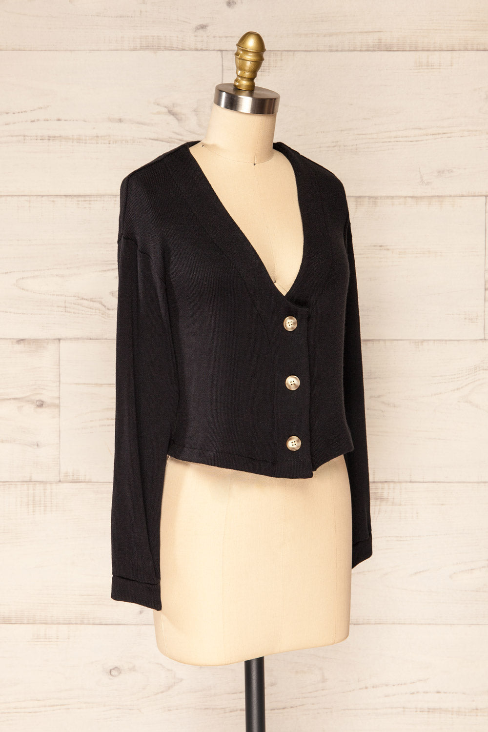 Nova Black Ribbed Button-Up V-Neck Cardigan | La petite garçonne side view