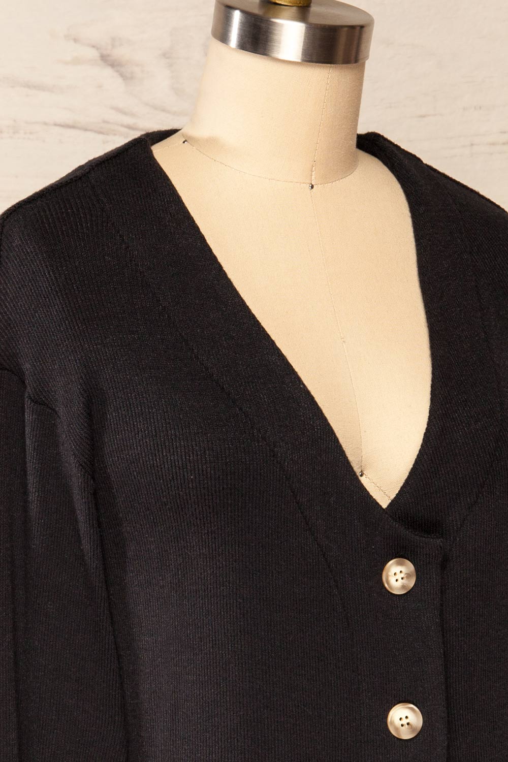 Nova Black Ribbed Button-Up V-Neck Cardigan | La petite garçonne side close up