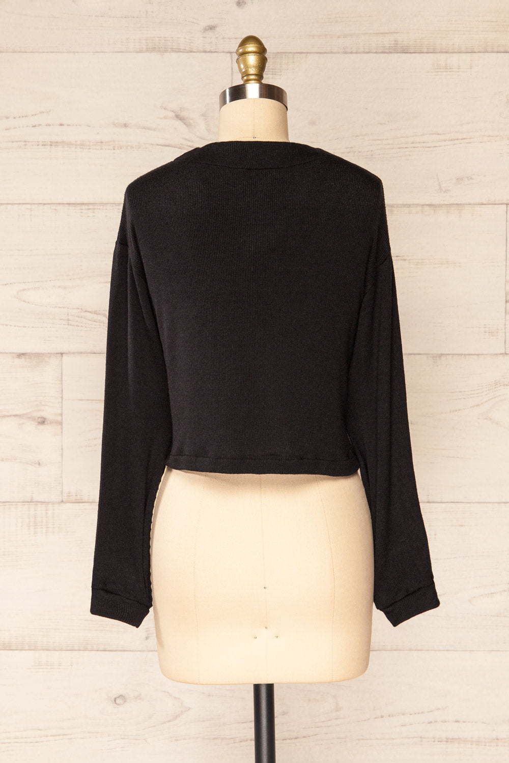 Nova Black Ribbed Button-Up V-Neck Cardigan | La petite garçonne back view
