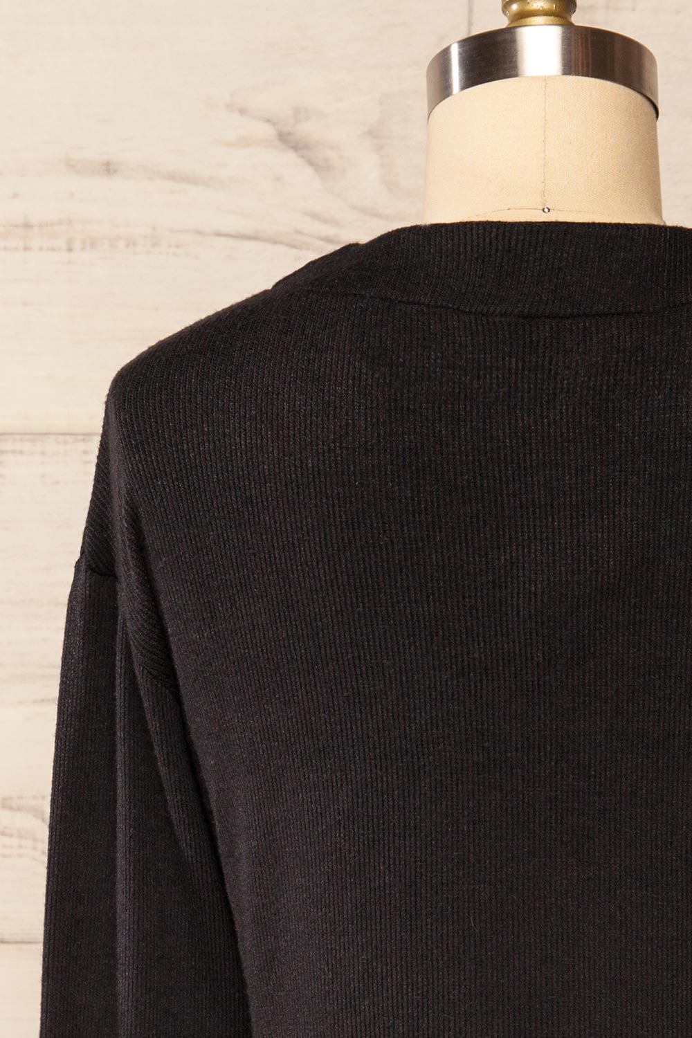 Nova Black Ribbed Button-Up V-Neck Cardigan | La petite garçonne back close up