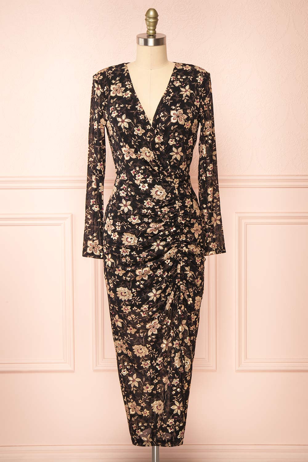 Nyx Midi Floral Mesh Dress w/ Long Sleeves | Boutique 1861 front view