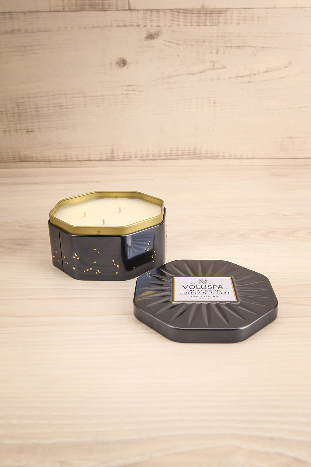 Octogon Tin candle Makassar Ebony & Peach | Voluspa | La petite garçon…