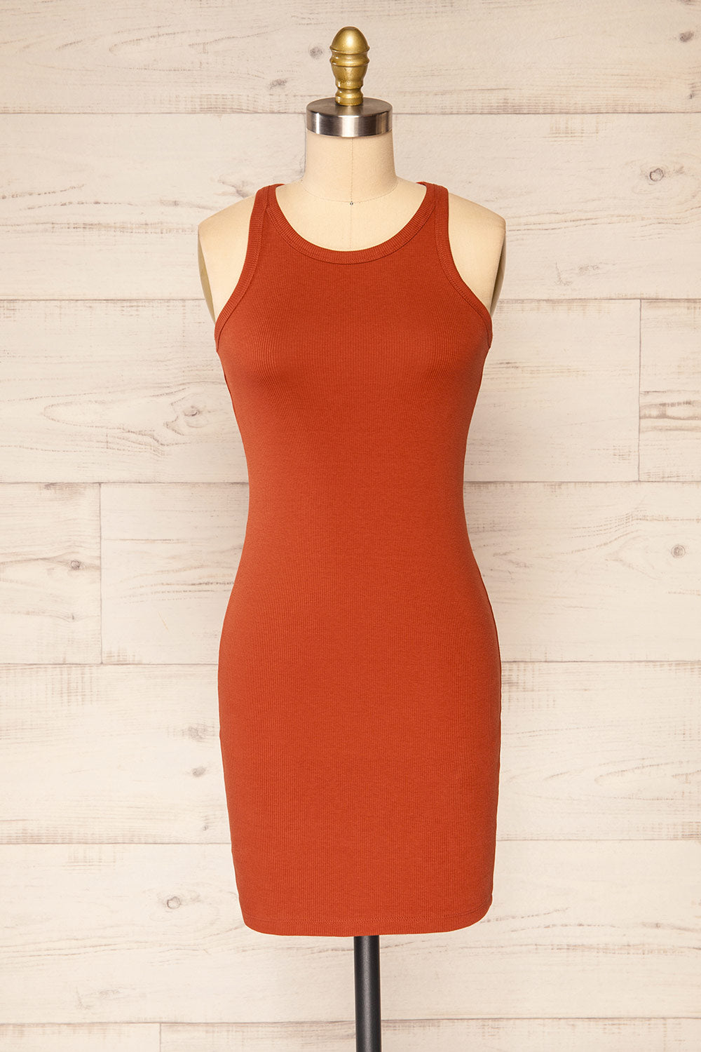 Orzesze Rust Ribbed Halter Neck Fitted Dress | La petite garçonne front view