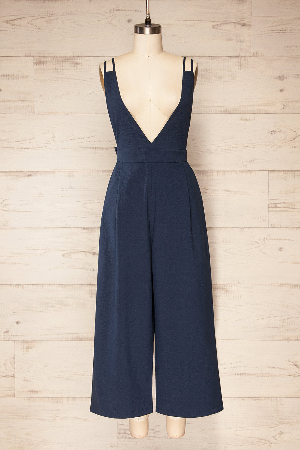 Osaka Navy V-neck Palazzo Jumpsuit w/ Open-back front view