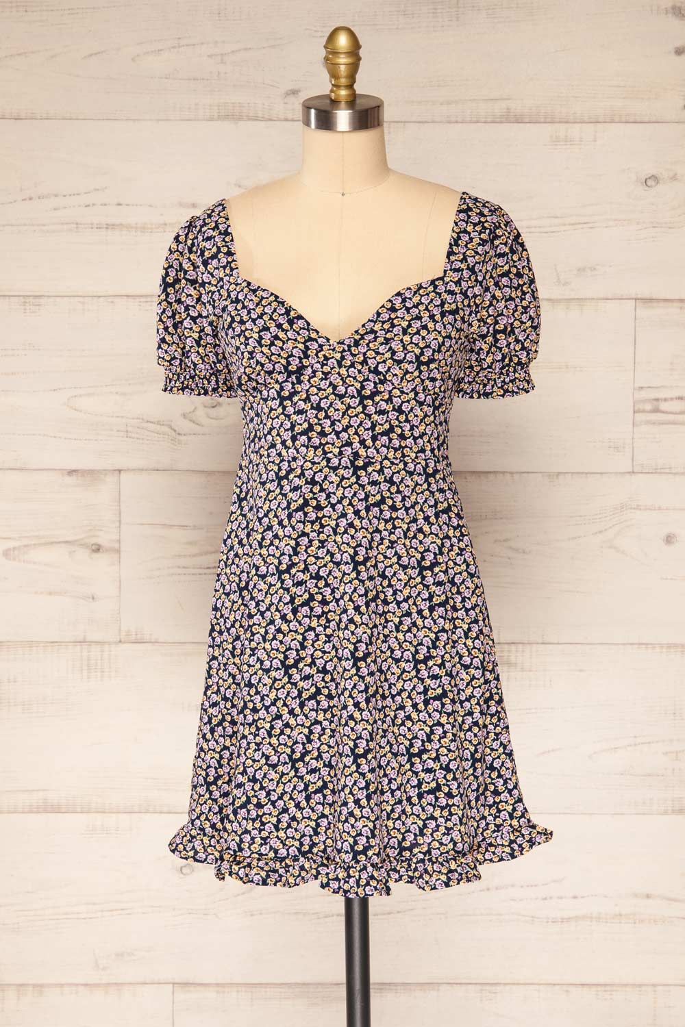 Osno Navy Short Sleeve Floral Dress | La petite garçonne front view