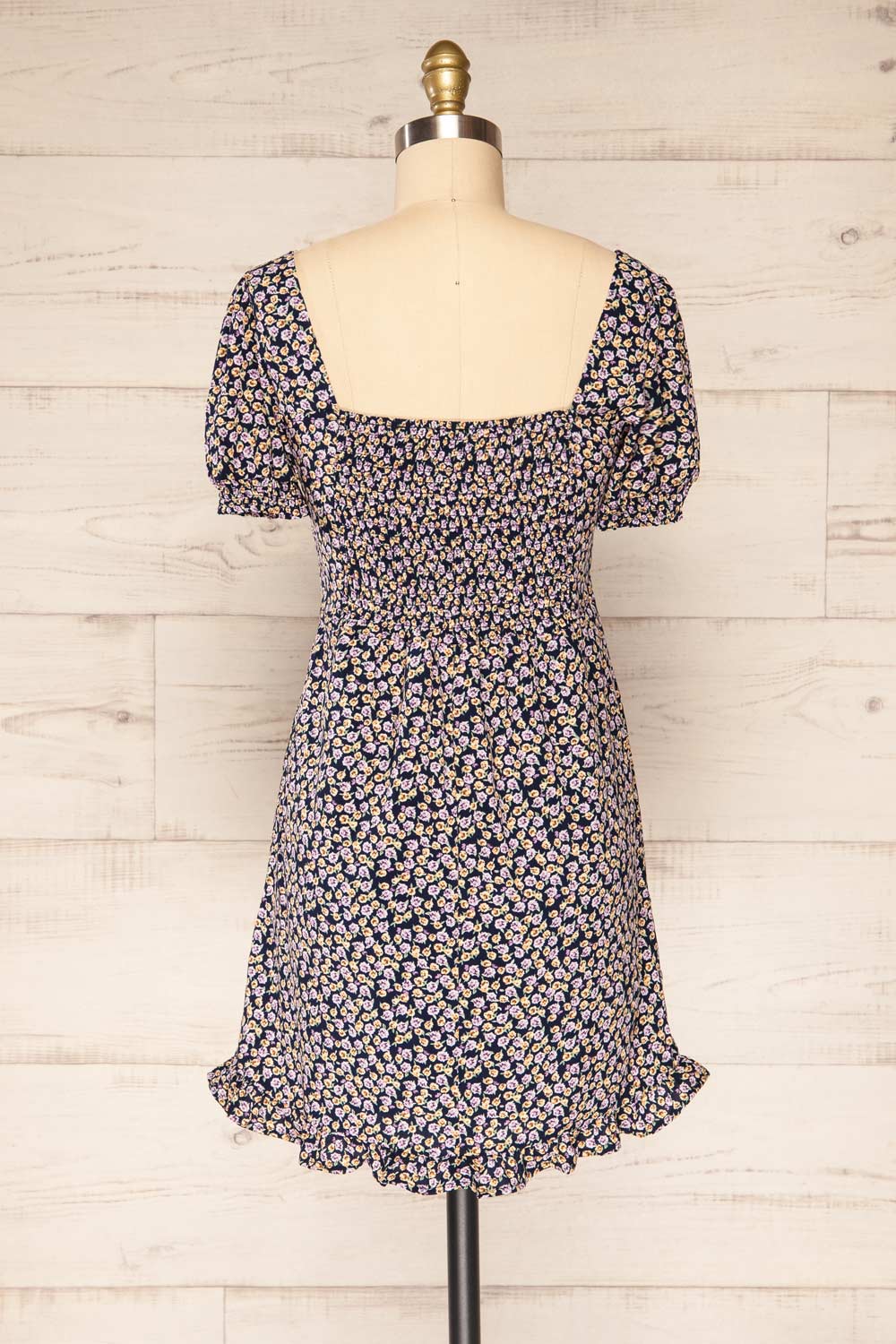 Osno Navy Short Sleeve Floral Dress | La petite garçonne back view