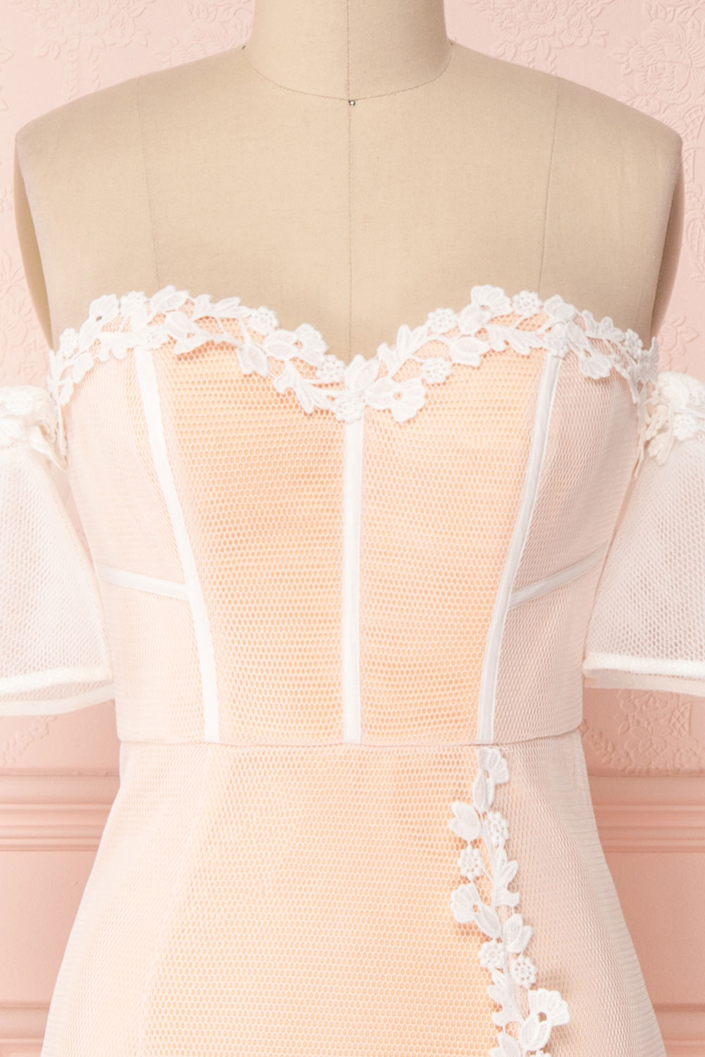 Oustina White Mesh & Peach Mermaid Cocktail Dress | Boutique 1861 front view