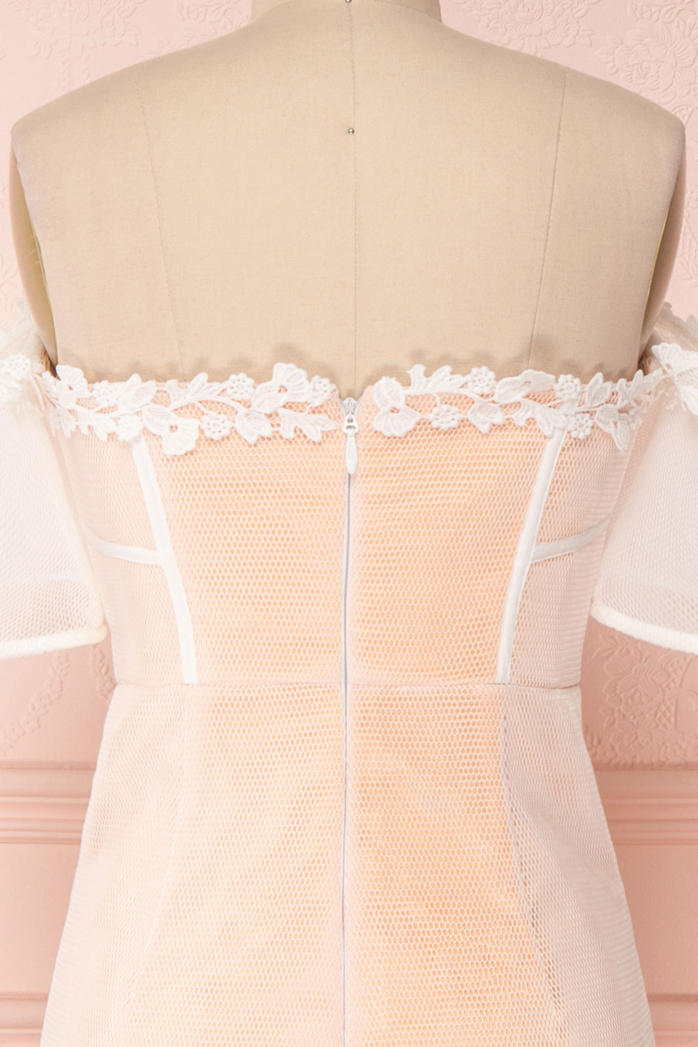 Oustina White Mesh & Peach Mermaid Cocktail Dress | Boutique 1861 back view