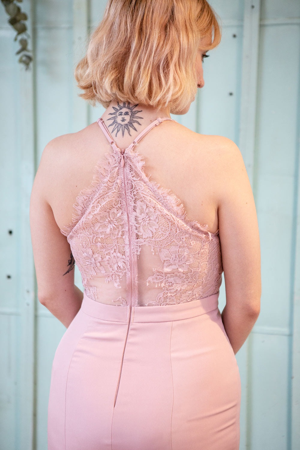 Ovasta Taupe Lace Maxi Mermaid Dress | Boudoir 1861 back