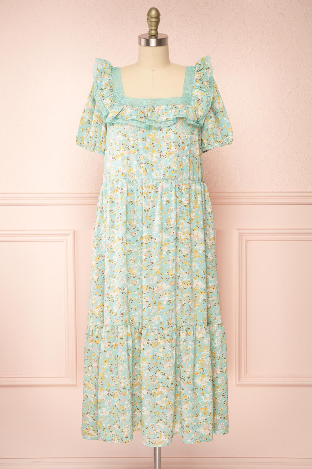 Oydis Mint Floral Midi Dress w/ Square Neck | Boutique 1861 front view