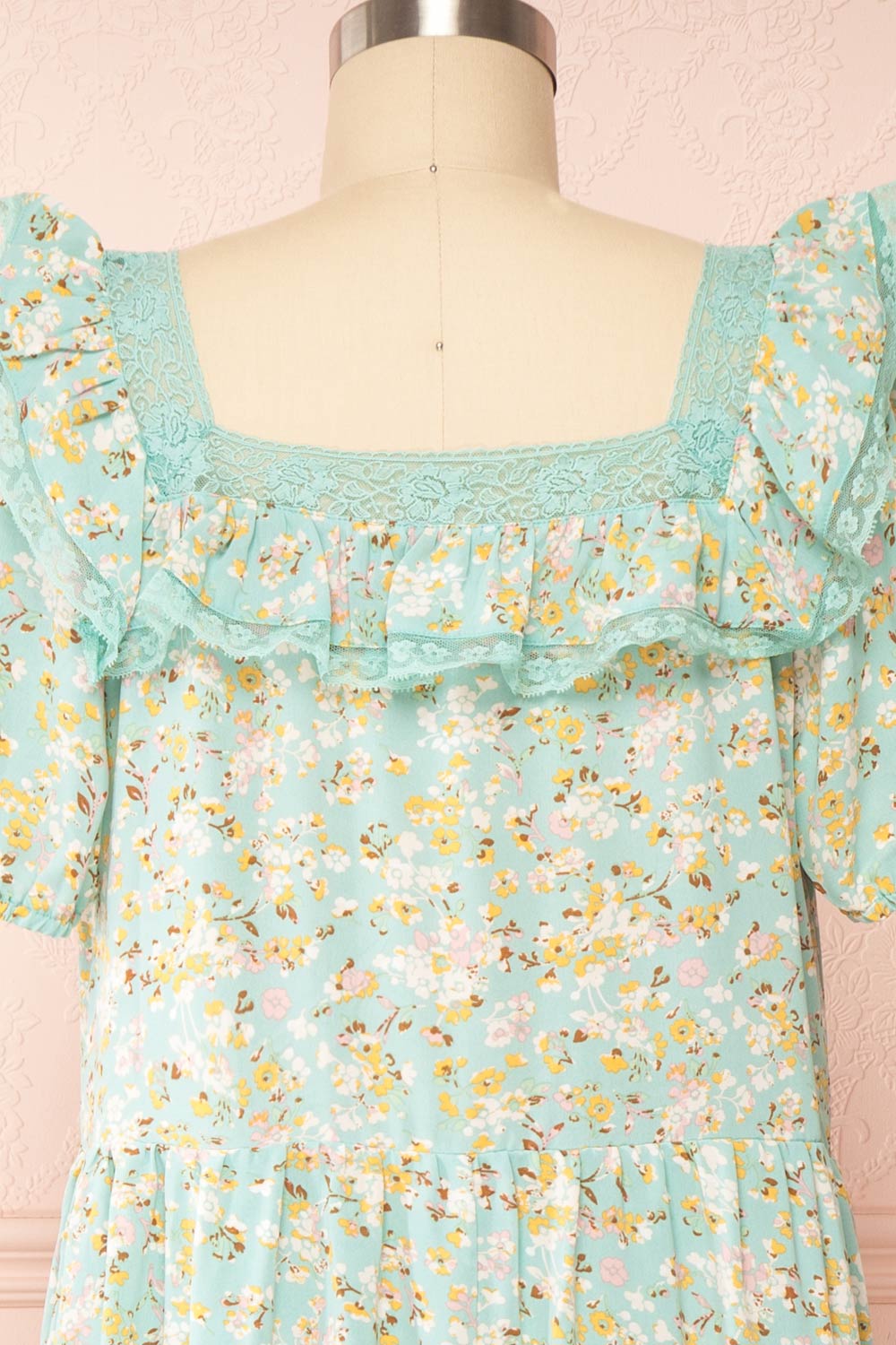 Oydis Mint Floral Midi Dress w/ Square Neck | Boutique 1861 back close up