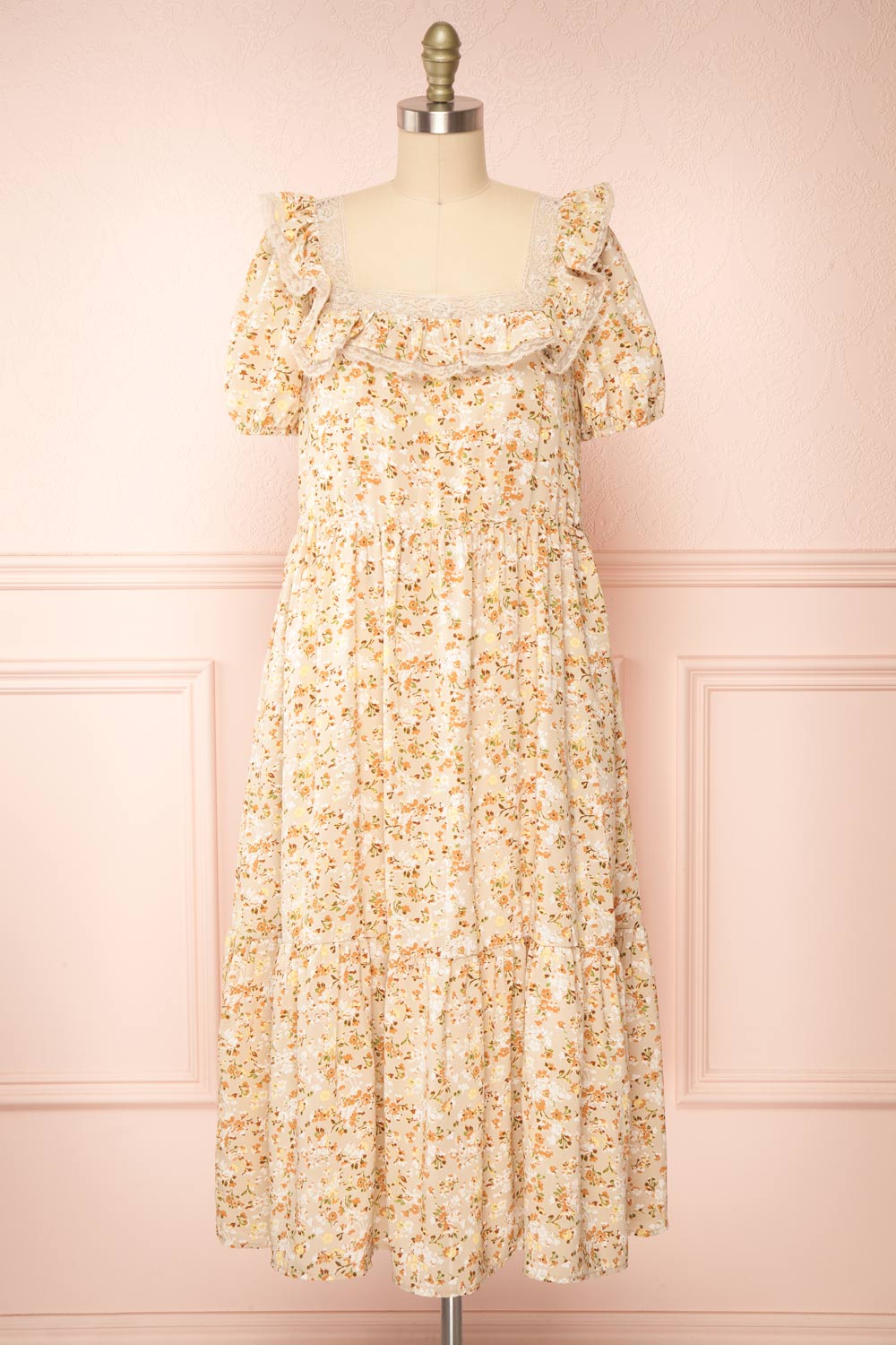 Oydis Taupe Floral Midi Dress w/ Square Neck | Boutique 1861 front view
