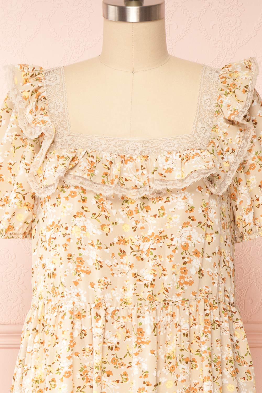 Oydis Taupe Floral Midi Dress w/ Square Neck | Boutique 1861 front close up