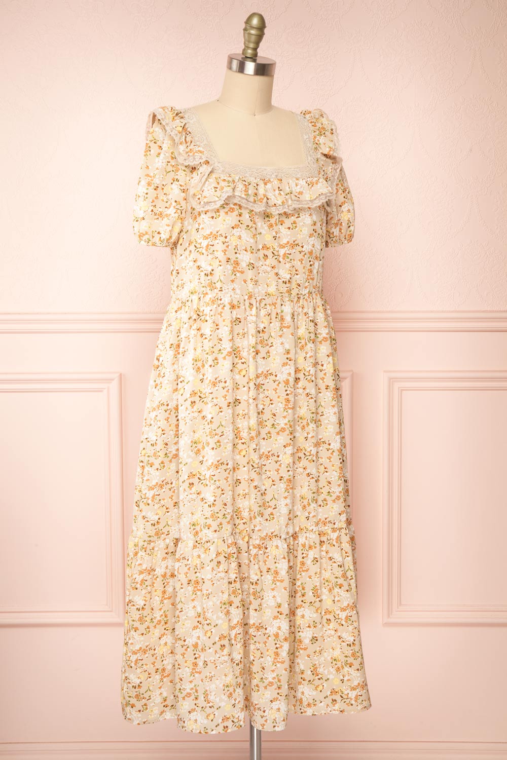 Oydis Taupe Floral Midi Dress w/ Square Neck | Boutique 1861 side view