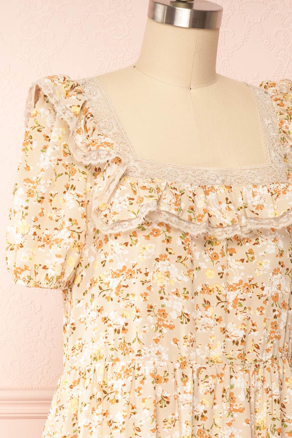 Oydis Taupe Floral Midi Dress w/ Square Neck | Boutique 1861 side close up