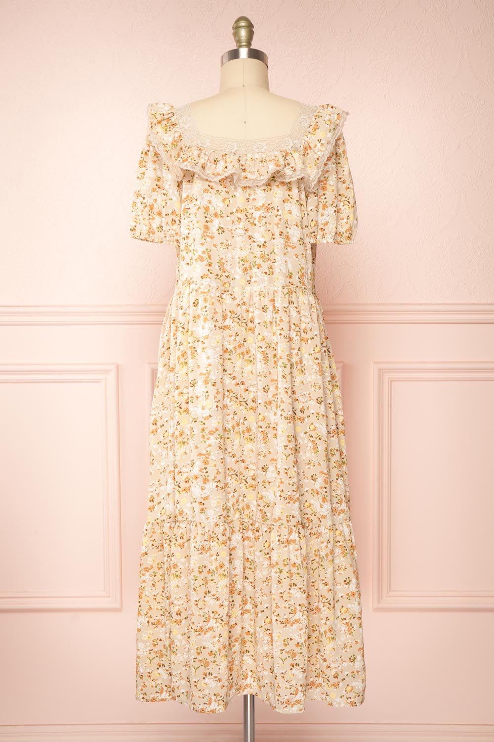 Oydis Taupe Floral Midi Dress w/ Square Neck | Boutique 1861 back view