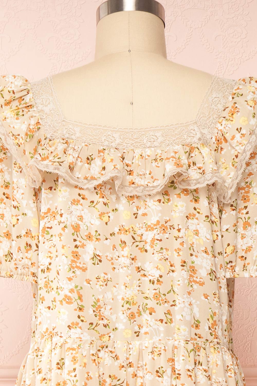 Oydis Taupe Floral Midi Dress w/ Square Neck | Boutique 1861 back close up