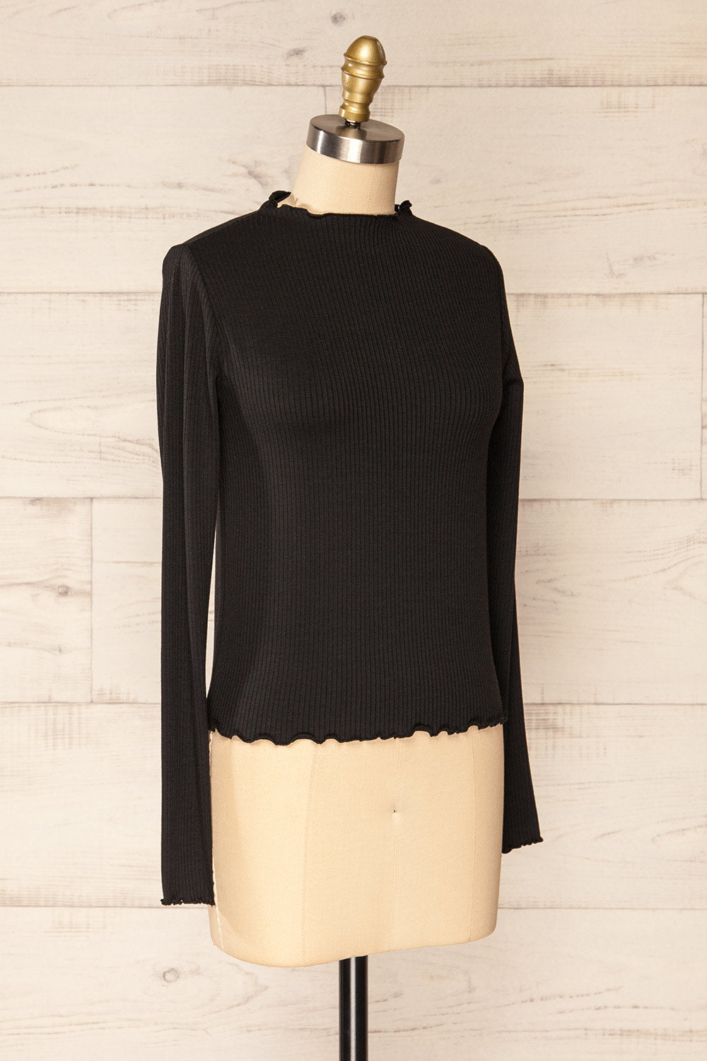 Palencia Black Ribbed Long Sleeve Top w/ Frills| La petite garçonne side view