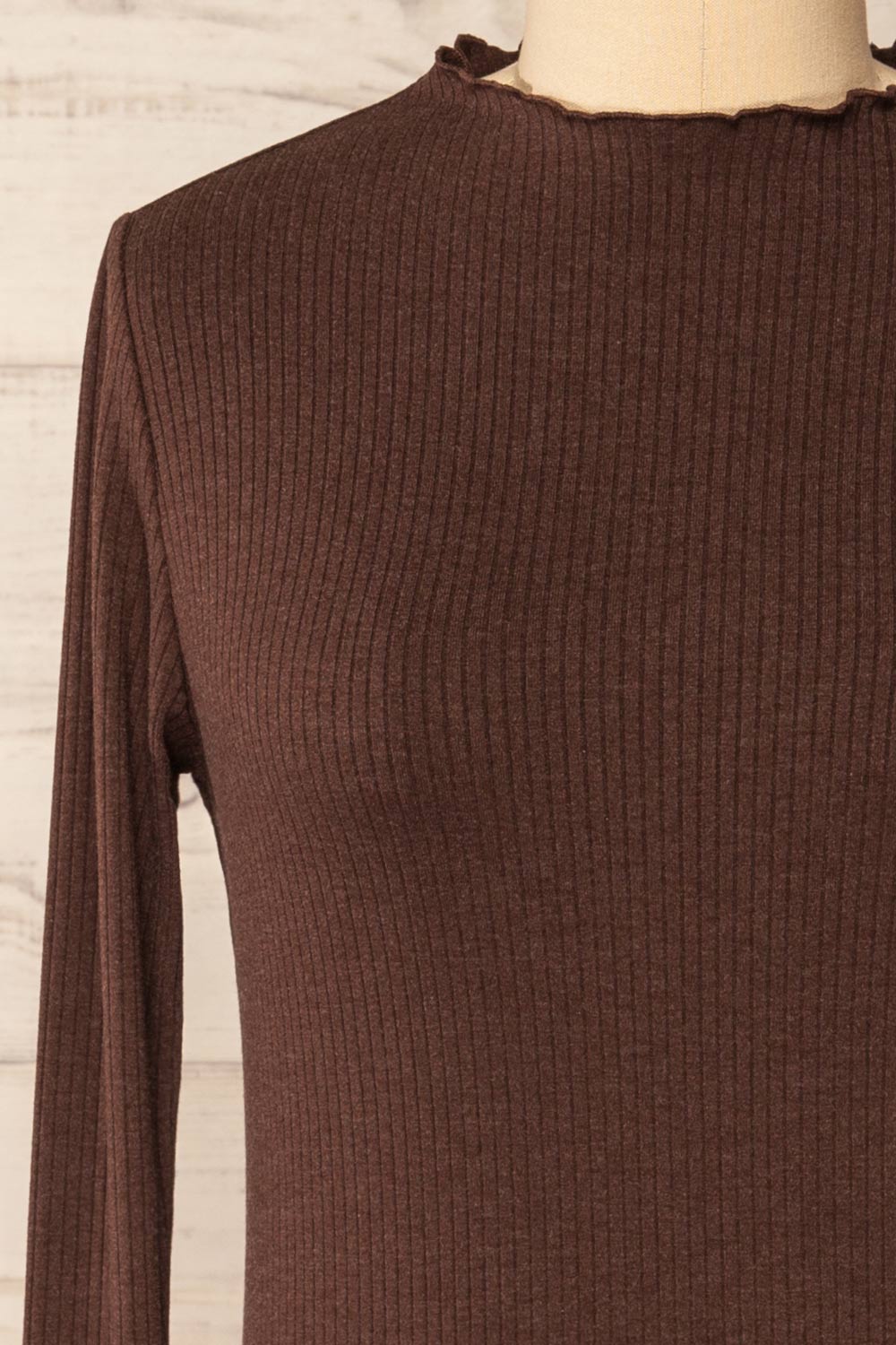 Palencia Brown Ribbed Long Sleeve Top w/ Frills| La petite garçonne front close-up