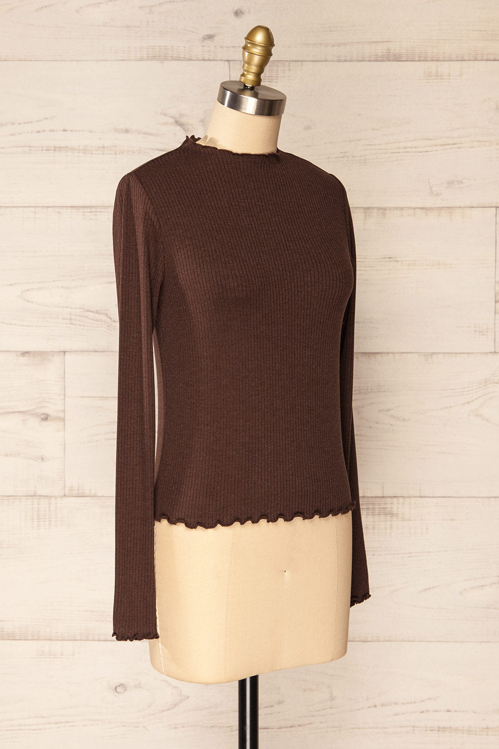 Palencia Brown Ribbed Long Sleeve Top w/ Frills| La petite garçonne side view