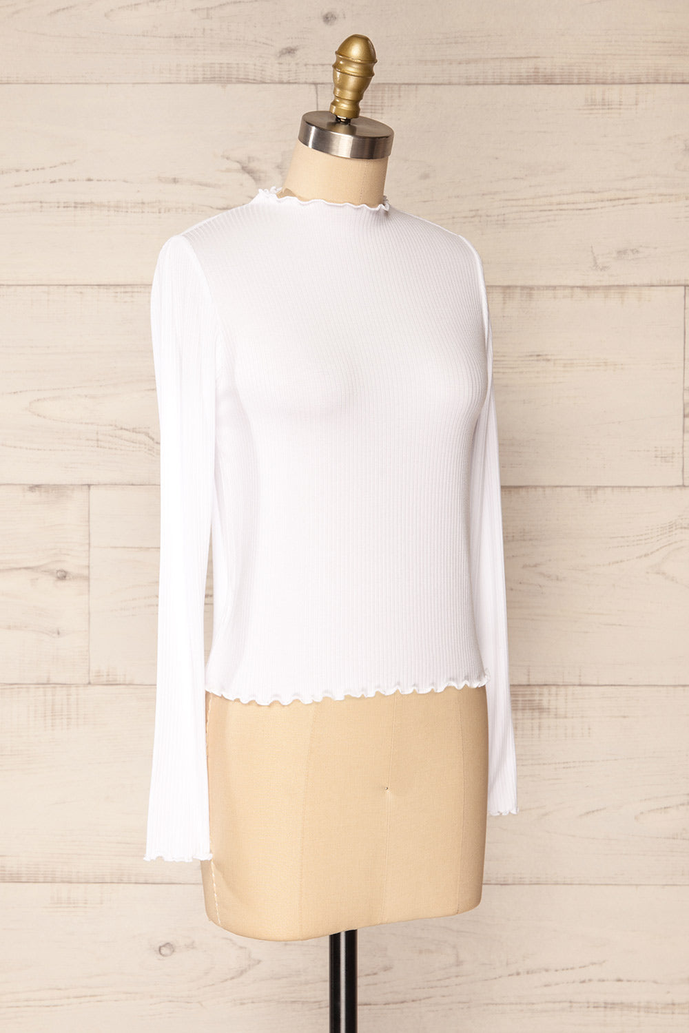 Palencia White Ribbed Long Sleeve Top w/ Frills| La petite garçonne side view