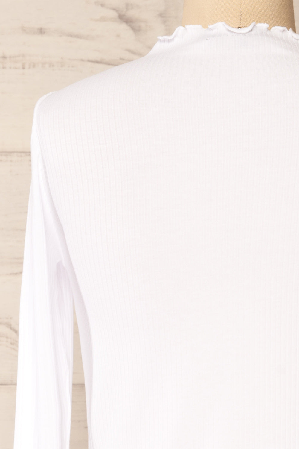 Palencia White Ribbed Long Sleeve Top w/ Frills| La petite garçonne back close-up
