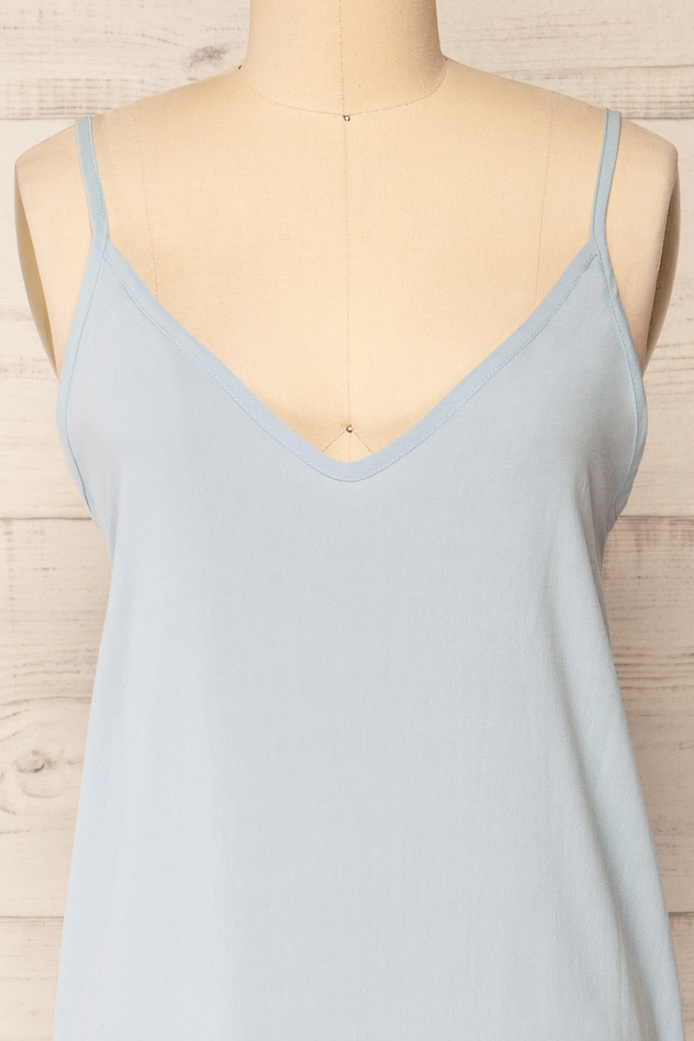 Palmi Blue V-Neck Midi Slip Dress by Dailystory | La petite garçonne front close-up