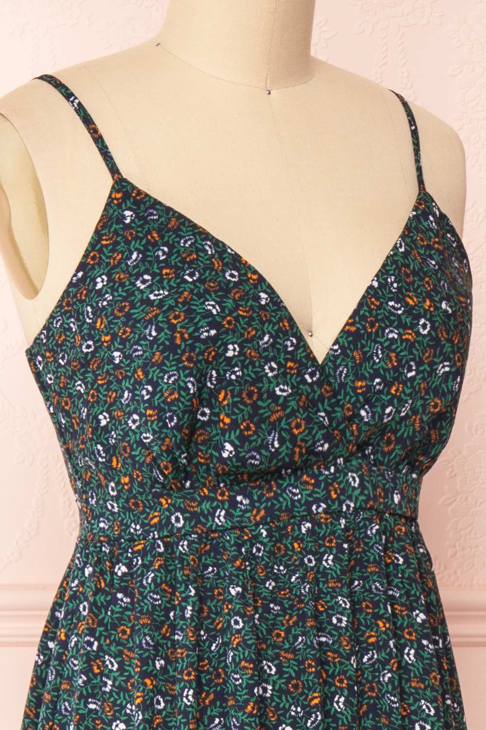 Pavonis Black Floral V-Neck Maxi Dress | Boutique 1861 side close-up