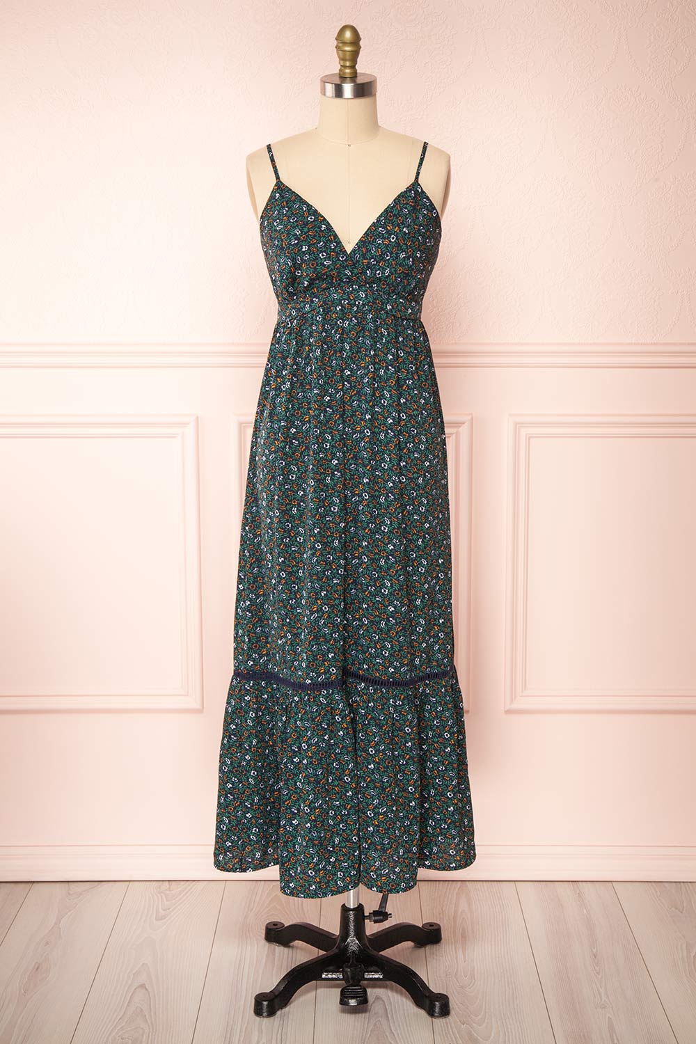 Pavonis Black Floral V-Neck Maxi Dress | Boutique 1861 front view