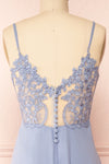 Peggie Blue Chiffon Maxi Dress w/ Back Embroidery | Boudoir 1861 back close-up