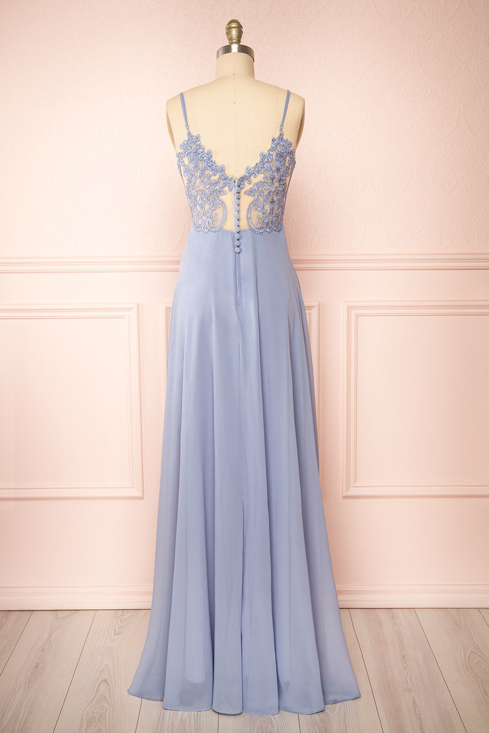Peggie Blue Chiffon Maxi Dress w/ Back Embroidery | Boudoir 1861 back vie