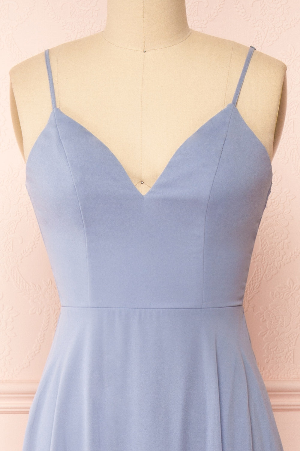 Peggie Blue Chiffon Maxi Dress w/ Back Embroidery | Boudoir 1861 front close-up