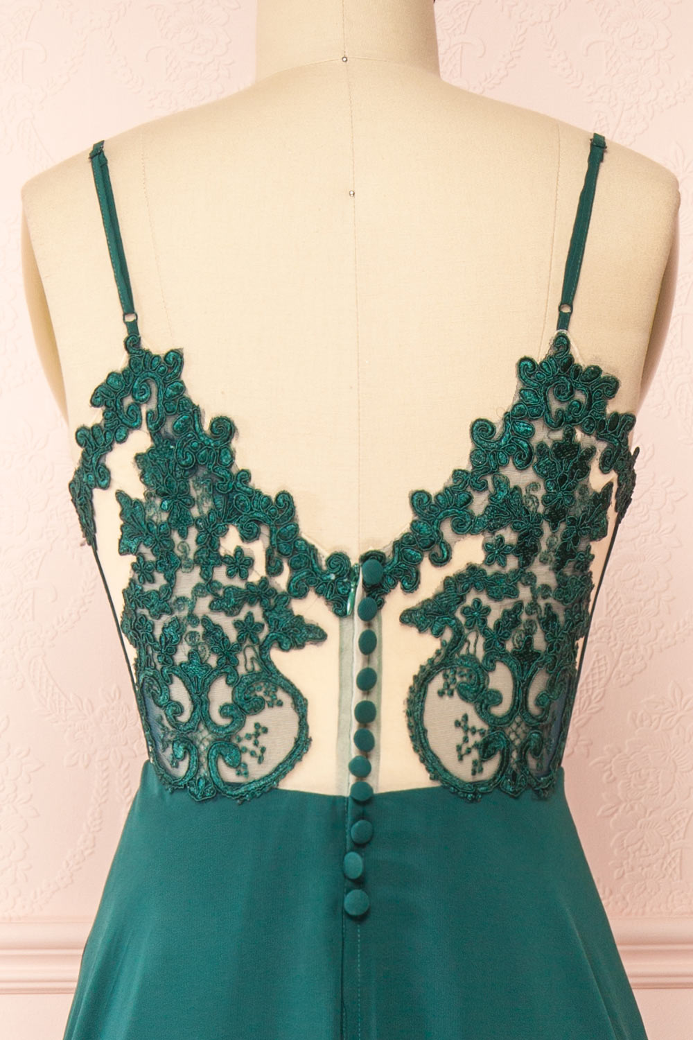 Peggie Emerald Chiffon Maxi Dress w/ Embroidered Back | Boudoir 1861 back close-up