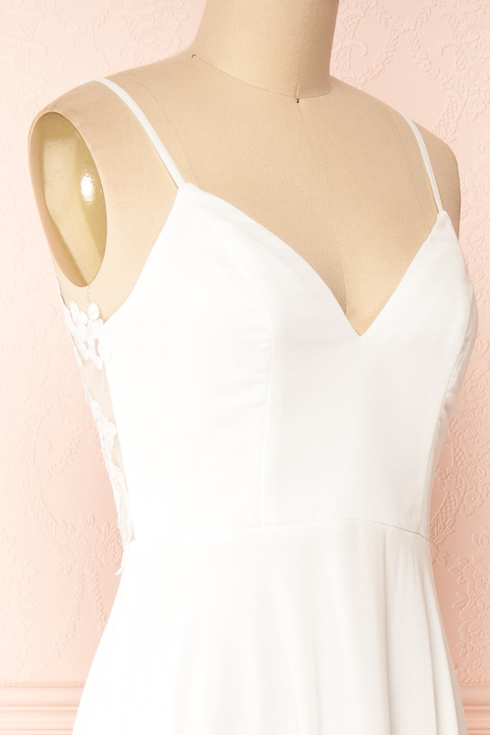 Peggie Ivory Chiffon Maxi Dress w/ Embroidered Back | Boudoir 1861 side close-up