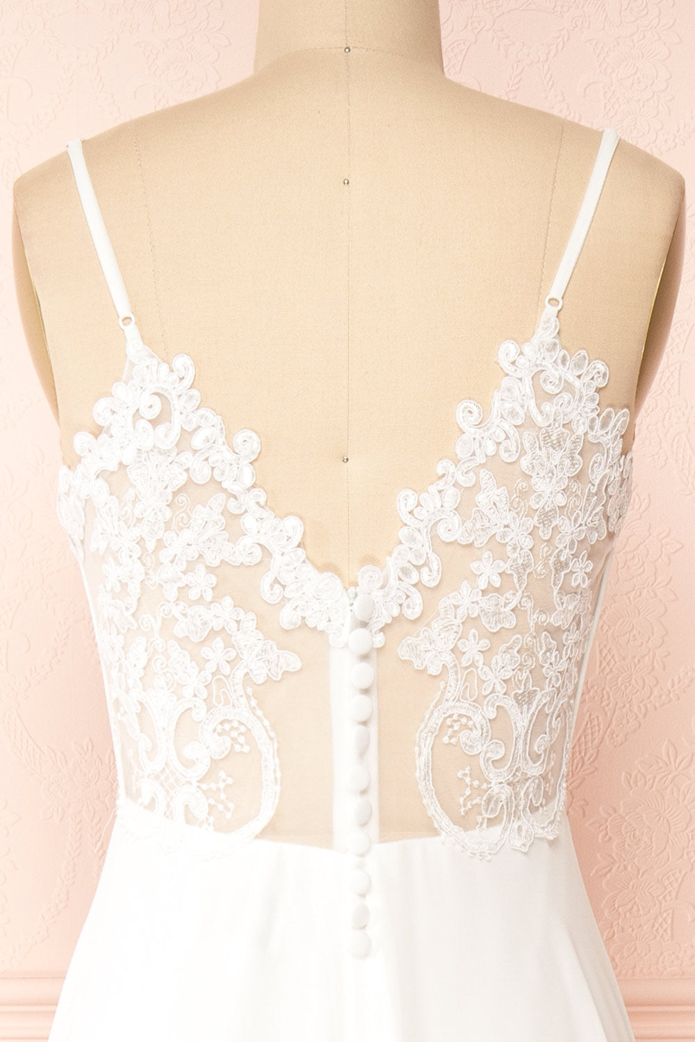 Peggie Ivory Chiffon Maxi Dress w/ Embroidered Back | Boudoir 1861 back close-up