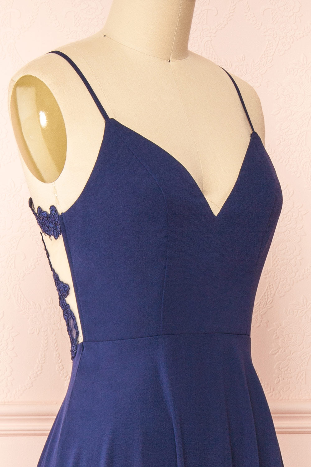 Peggie Navy Chiffon Maxi Dress w/ Back Embroidery | Boudoir 1861 sikde close-up