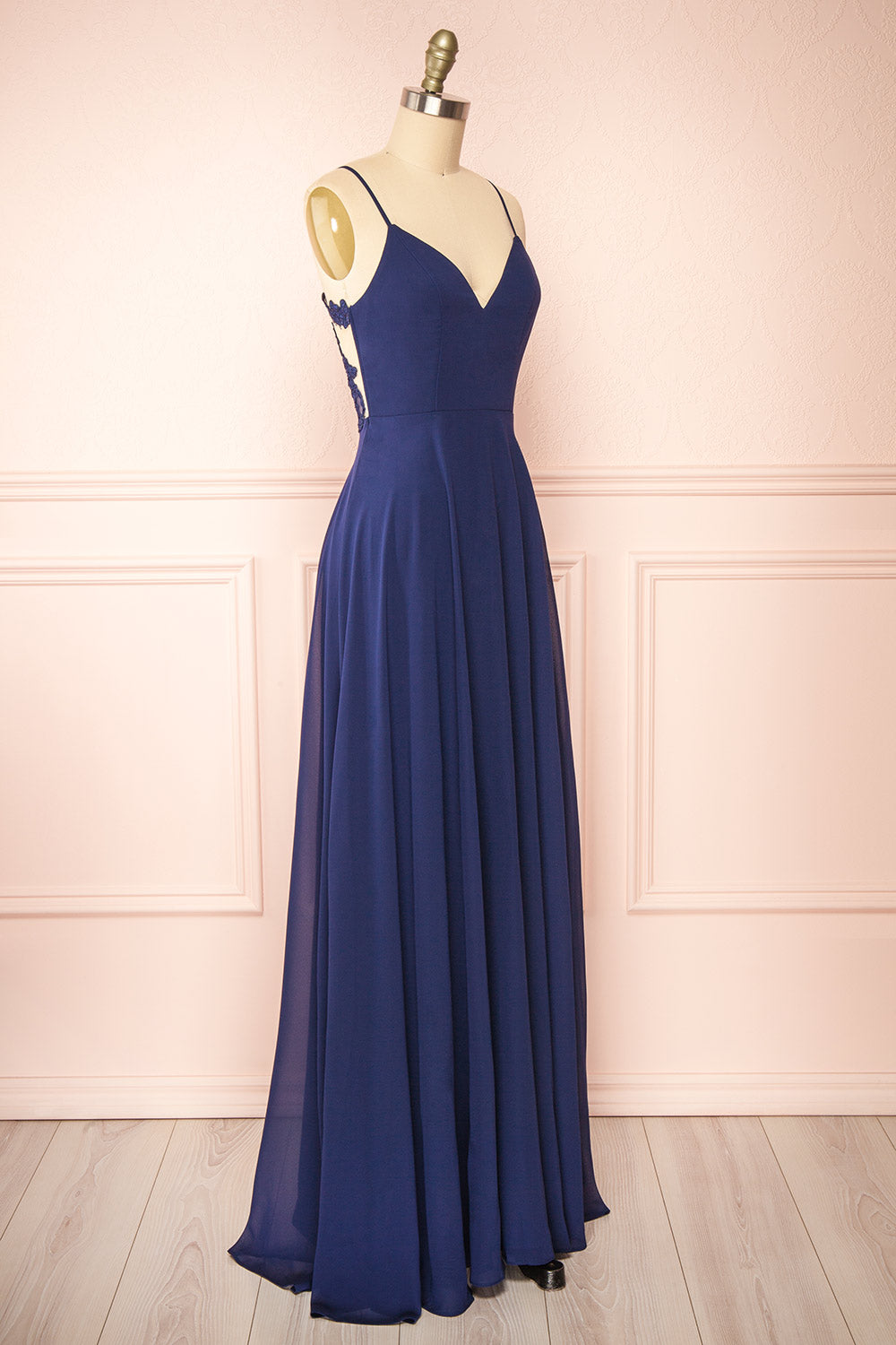 Peggie Navy Chiffon Maxi Dress w/ Back Embroidery | Boudoir 1861 side close-up