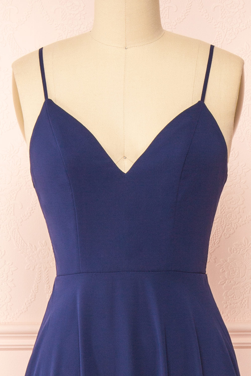 Peggie Navy Chiffon Maxi Dress w/ Back Embroidery | Boudoir 1861 front close-up