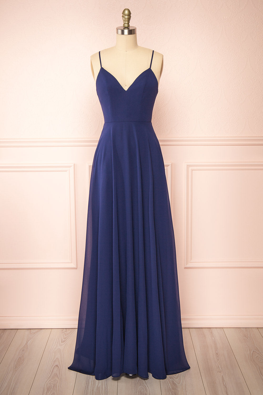 Peggie Navy Chiffon Maxi Dress w/ Back Embroidery | Boudoir 1861 front view