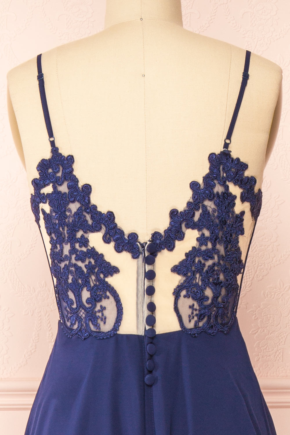 Peggie Navy Chiffon Maxi Dress w/ Back Embroidery | Boudoir 1861 back close-up