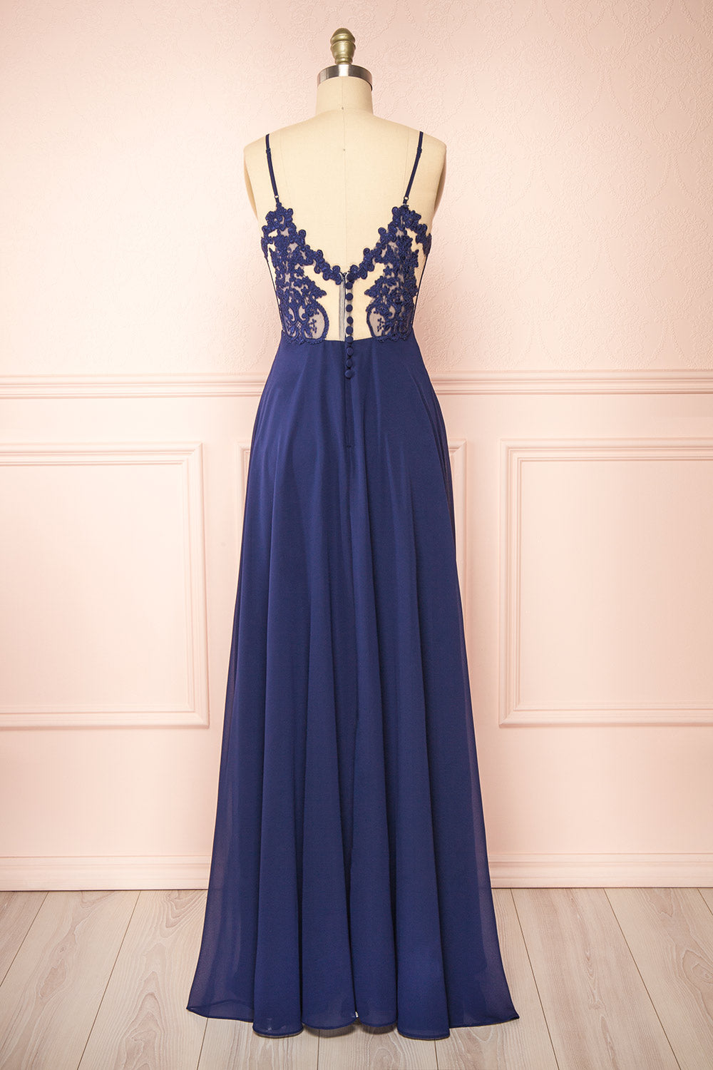 Peggie Navy Chiffon Maxi Dress w/ Back Embroidery | Boudoir 1861 back view