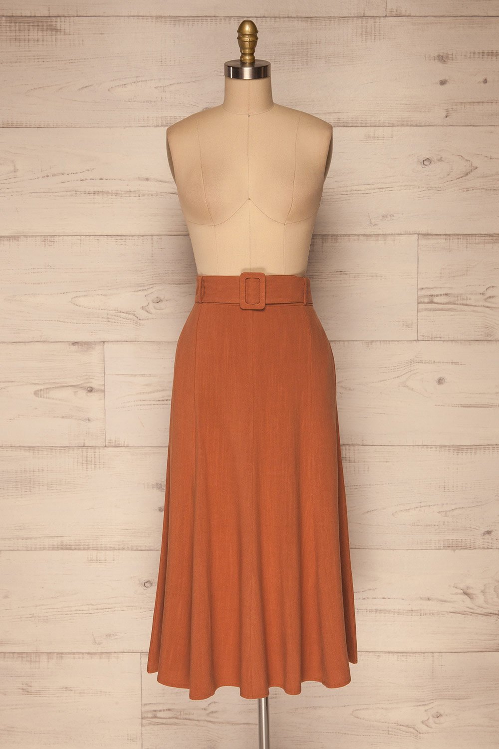 Pelczyce Rust Flared Midi Skirt w/ Belt front view | La petite garçonne