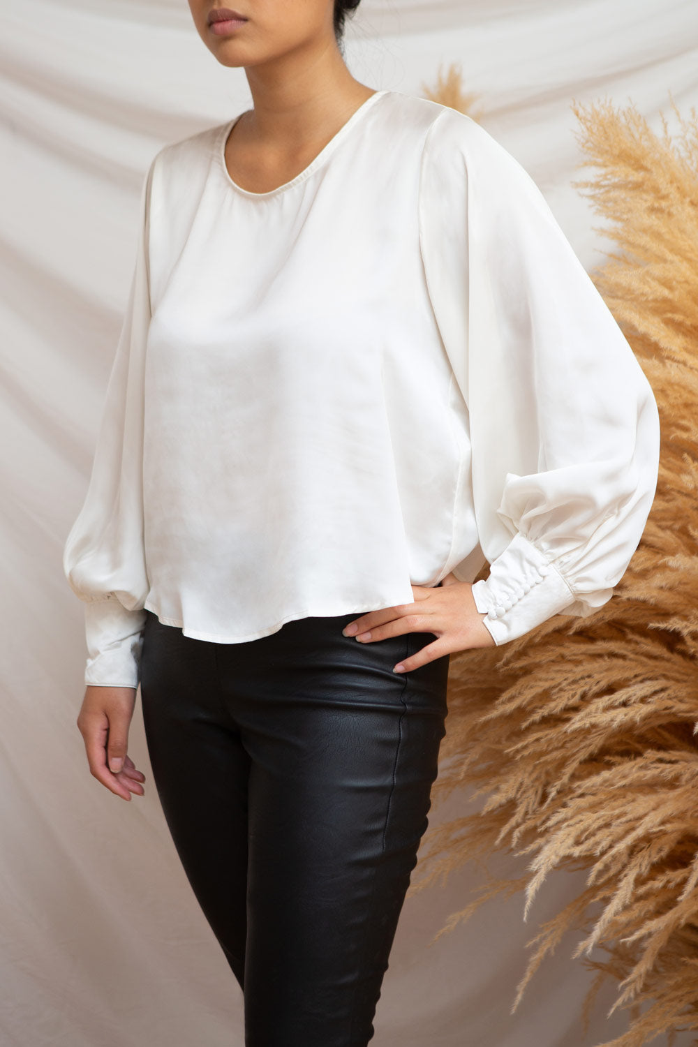 Pelplin Ivory Long Sleeve Silky Blouse | La petite garçonne model