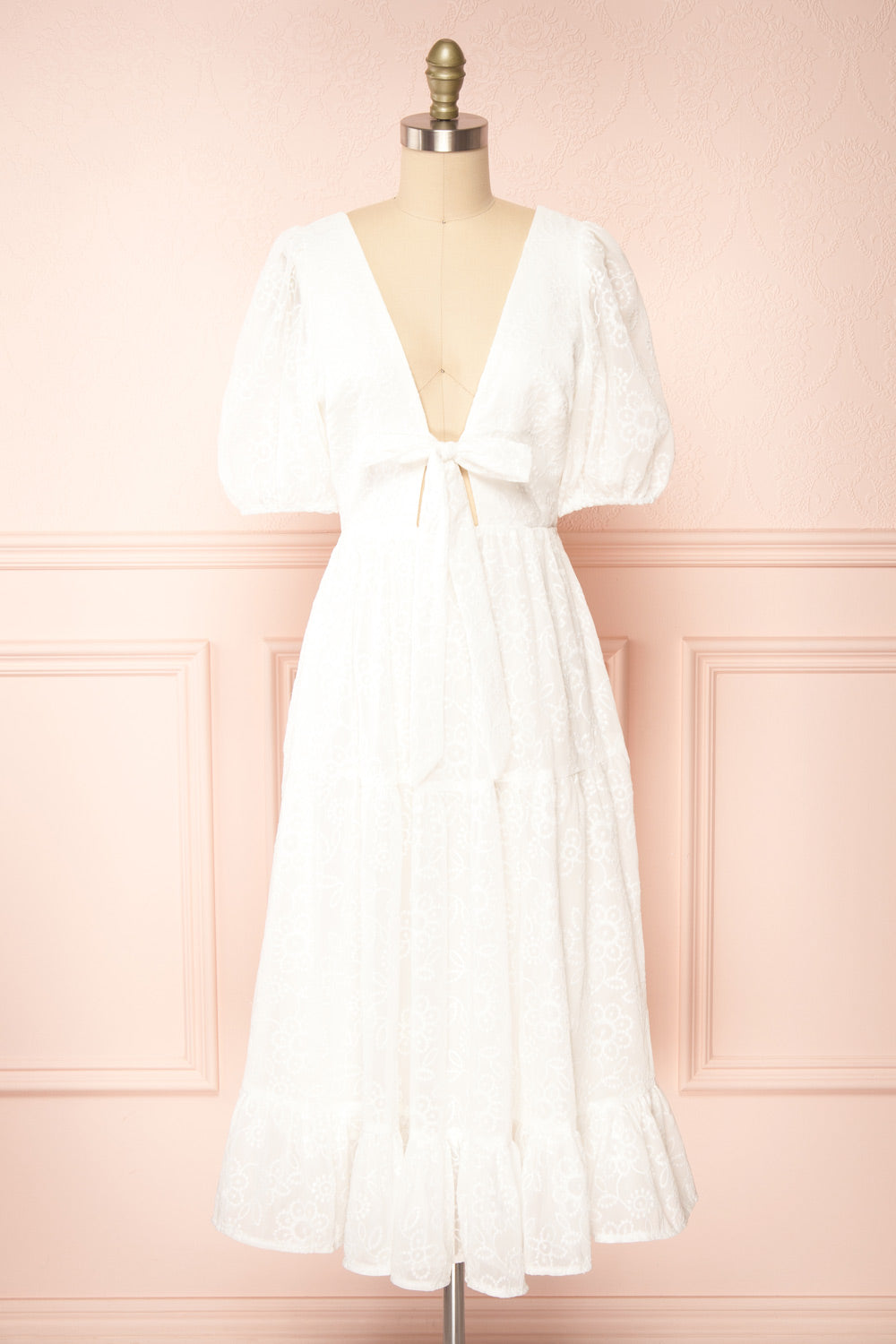 Pepita White Chiffon Midi Dress w/ Floral Embroidery | Boutique 1861 front view