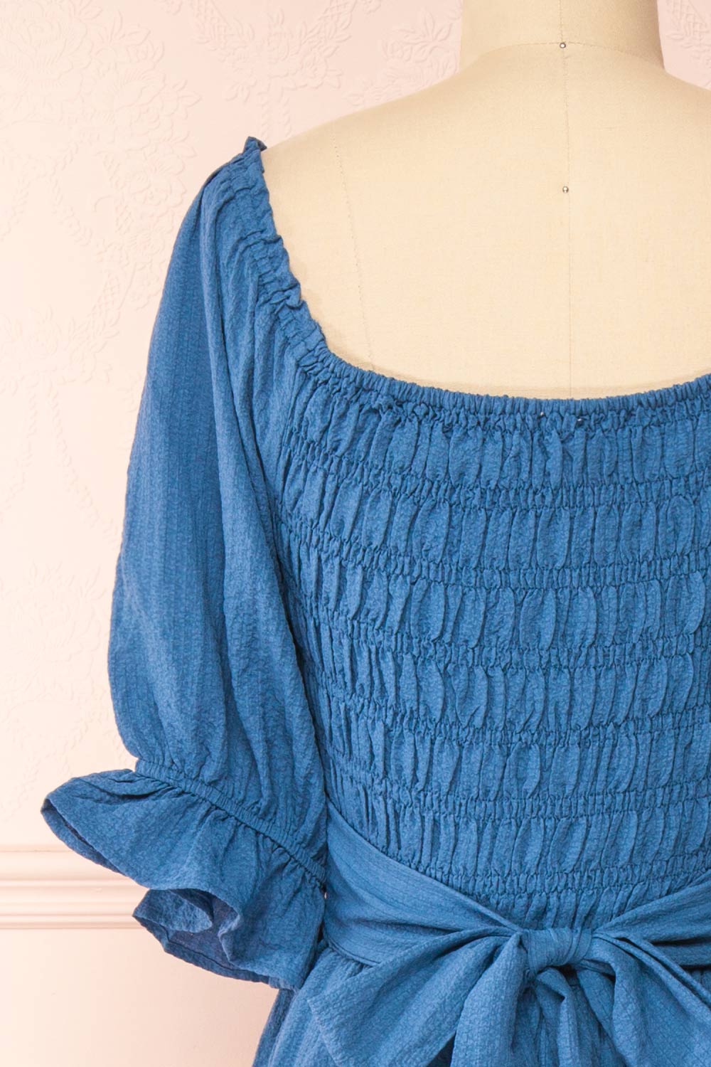 Pierra Blue Tiered Midi Dress w/ Half-Sleeves | Boutique 1861 back close-up