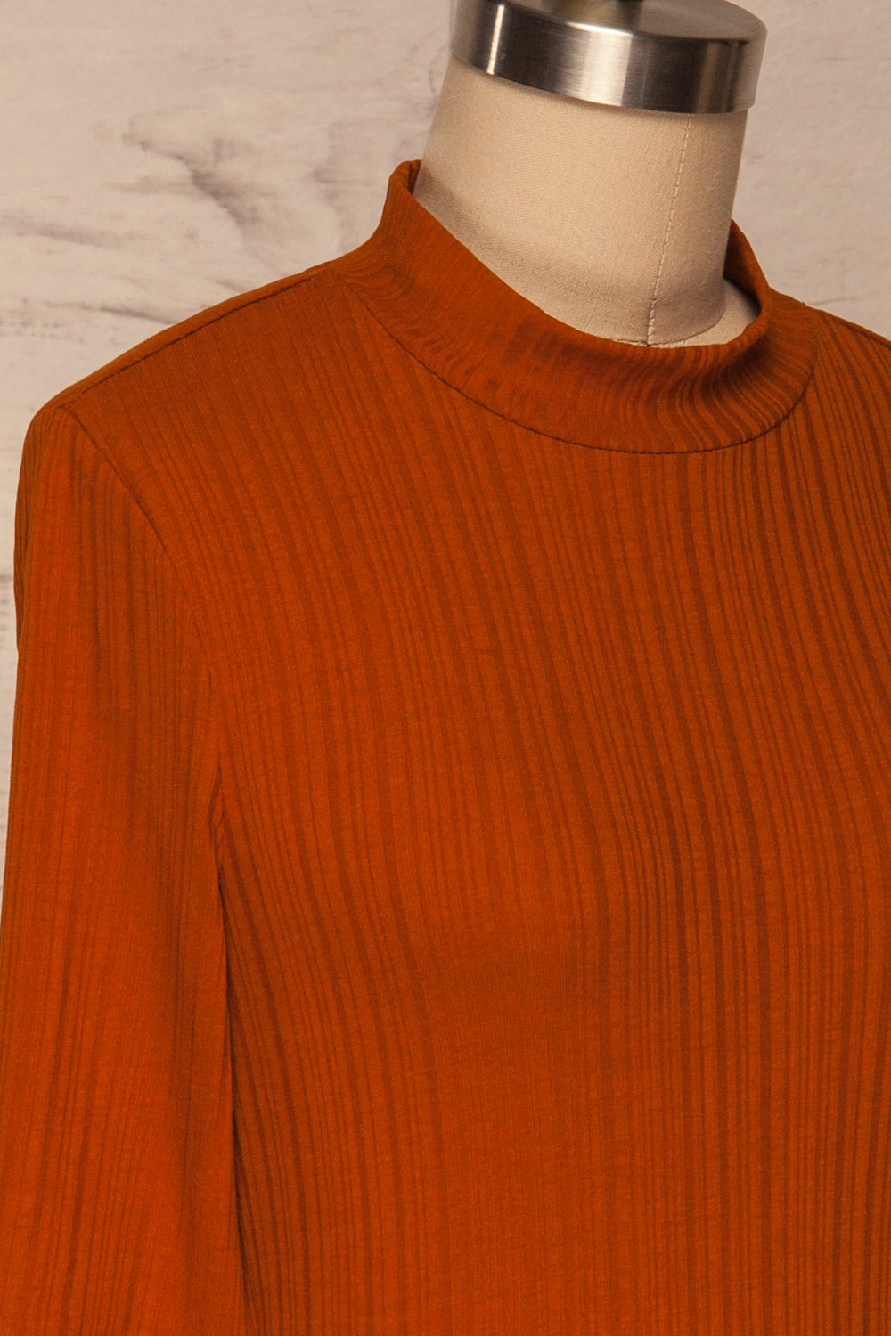 Pieszyce Rust Orange Mock Neck Top side close up | La petite garçonne